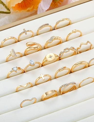 Dodder Gold Stackable Rings Set for Women, Gold Plated Chunky Crystal Finger Midi Stacking Rings, Dainty Statement Thumb Knuckle Rings Pack for Gift, Multiple Sizes Jewelry thumbnail 6