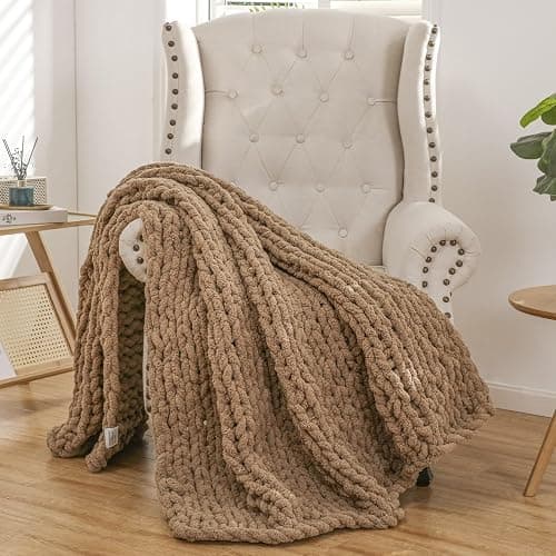 WESHIONGOO Chunky Knit Blanket Throw 51"×63" Knitted Throw Blankets for Couch Bed Fluffy Soft Blanket with Jumbo Chenille Yarn Thick 100% Handmade (Brown) thumbnail 7