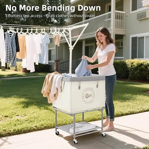 STORAGE MANIAC Rolling Laundry Cart with Storage Shelf, Heavy Duty Industrial Laundry Basket with Wheels, Commercial Metal Frame Clothes Hamper with Canvas Bag for Dorm, Closet, Bedroom, Beige thumbnail 4