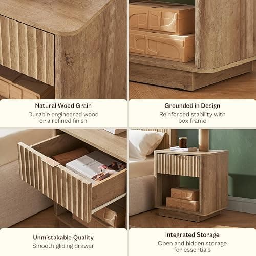 mopio Brooklyn Fluted Nightstand, Modern Farmhouse Nightstand, Small Side, Wood Bedside Table with Drawer, End Table with Storage, Fluted Night Stand, Curved Profile (Golden Oak, Set of 2) thumbnail 5