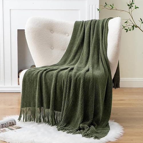 BATTILO HOME Olive Green Throw Blanket for Couch, Soft Chenille Knit Throws with Tassels for Home Decor, Green Blankets and Throws for Bed Couch Cover, 60"x80" thumbnail 5