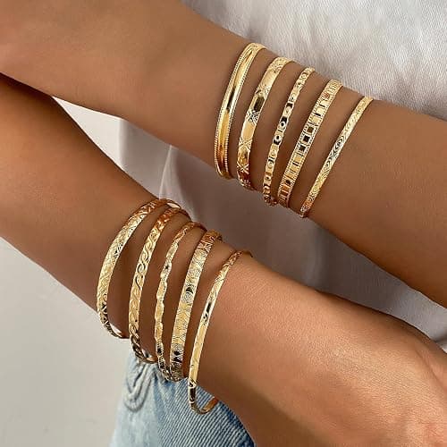 IFKM Gold Bangles Bracelets For Women, 14k Gold Plated Multi Layer Stackable Open Bracelet Set, Elegance Trendy Charms Non Tarnish Minimalist Textured Boho Jewelry Gift for Women thumbnail 3