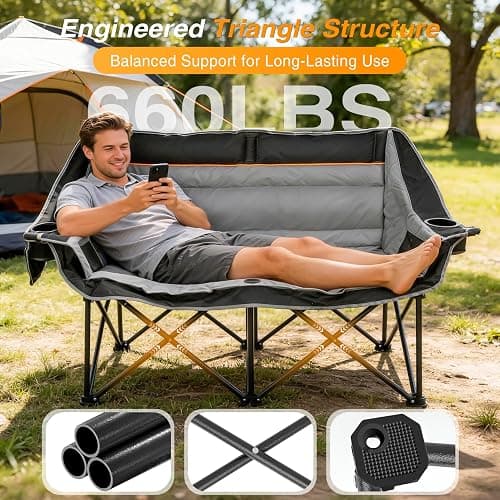 Suteck Double Camping Chair, 660lbs Oversized Camping Couch w/Independent Seats, Folding Camping Loveseat w/2 Cup & Wine Glass Holders, 1200D Oxford, Side Pocket & Carry Bag, for Camping, Lawn, Patio thumbnail 4