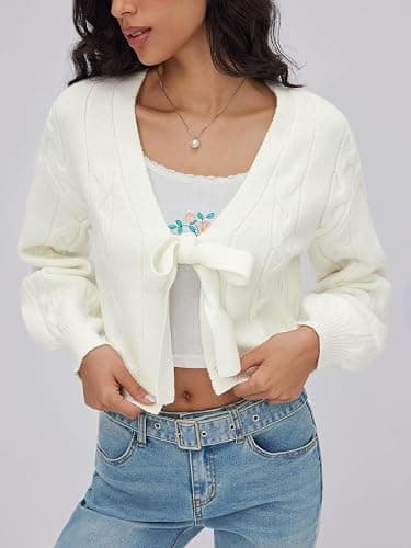 CIDER Womens Crop Tie Front Cardigan Cute Fall Fashion Cozy Sweaters Trendy Crochet Going Out Puff Sleeve Top thumbnail 3