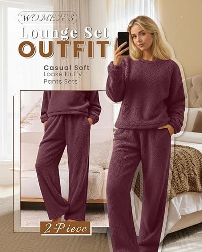 Oakgarden Women's Fuzzy Pajamas Sets Warm Fleece Loungewear Outfit Cozy Long Sleeve Fluffy Pullover Pant Set 2 Piece thumbnail 6