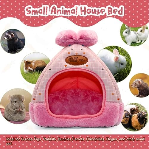 YUEPET Bunny Bed, Rabbit Hideout, Guinea Pig Cave Bed, Pink Grid | Bunny Hideout, Enclosed Cave Design, Removable Cushion, Foldable Rabbit Hideaway Design, Pink Grid with Bow, Indoor Cage Use thumbnail 4