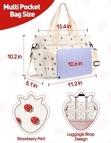 PainZieteg Strawberry Tote Bag Bow Bag With Multi Pocket Women Girls Crossbody Corduroy Handbags Purse Work Travel thumbnail 4