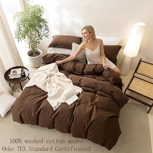 BDEAR Linen Feel Cocoa Brown Duvet Cover King Size 104'' W x 90'' L, Percale 100% Washed Cotton Duvet Cover with Zipper Closure Plus 2 Pillowcases, Oeko TEX Standard Certificated thumbnail 6