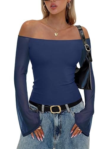 REORIA Off The Shoulder Tops for Women Tube Double Lined Mesh Going Out Shirts 2025 Fall Fashion Trendy Tops thumbnail 2
