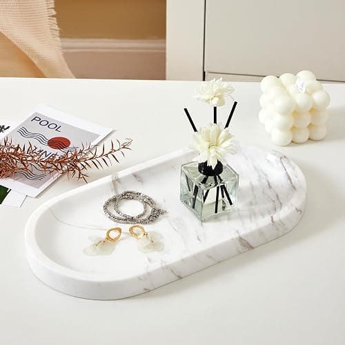 Denique Natural Marble Bathroom Tray, 12"x6" Vanity Tray White Marble Decorative Tray, Countertop Organizer for Perfume & Candles, Jewelry Dish Ring Holder for Bathroom Counter, Vanity, Dresser - Image 1