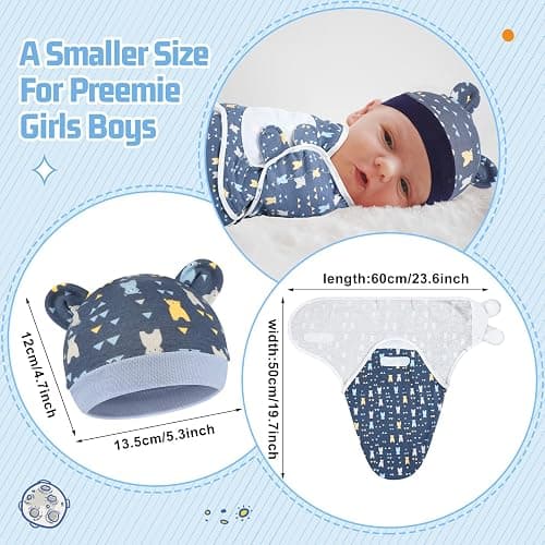Buryeah 4 Pack Preemie Swaddle Blanket Wrap Set with Hat for Baby Boys Girls 3-7 Lbs Preemie Newborn Clothes Sleepers Cap thumbnail 3