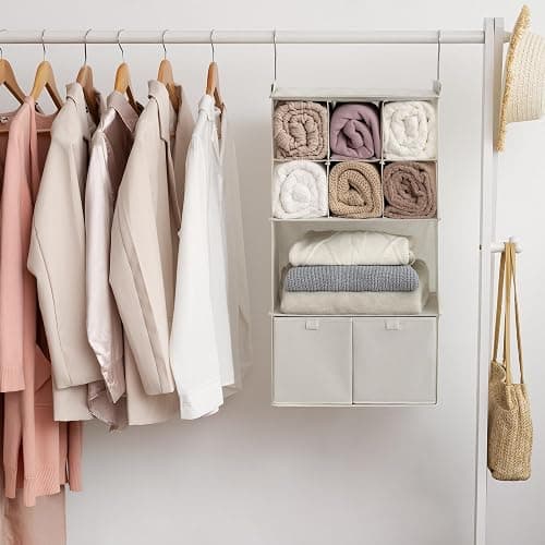 GRANNY SAYS Hanging Closet Organizer with Drawers, 4 Shelf Dividers Closet Hanging Organizer, Foldable Hanging Shelves for Clothes Organizer, Small Closet Organizers and Storage, Beige thumbnail 9