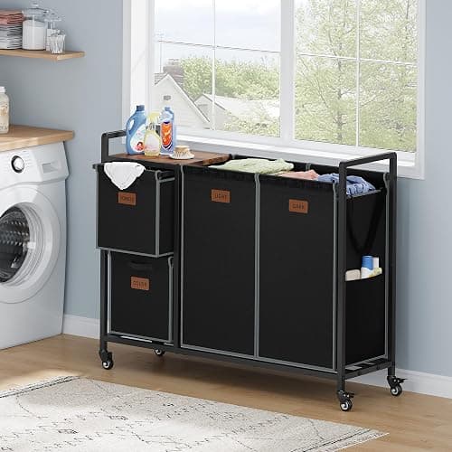 Hoctieon 4 Section Laundry Cart, 48 Gal. (182L) Laundry Hamper with Lid, Laundry Basket with Wheels, Rolling Laundry Sorter Organizer with Shelf, Clothes Separator with Removable Bags, Black thumbnail 2