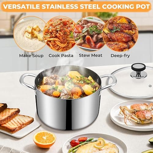 Tri-Ply Stainless Steel Stock Pot, 6.5 Quart Heavy Duty Induction Cooking Pot with Visible Lid for Pasta, Soup, Spaghetti, Sturdy & Double Handle, Dishwasher Safe thumbnail 8