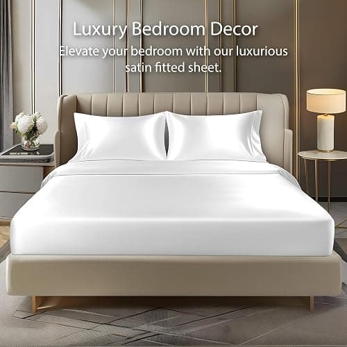 BEDELITE Satin Fitted Sheet and Pillowcases Set, Luxury Soft Similar to Silk Bottom Bed Sheet with Elastic Corner Straps, Deep Pocket up to 15 Inch, 1 Fitted Sheet and 2 Pillowcases(Queen,White) thumbnail 2