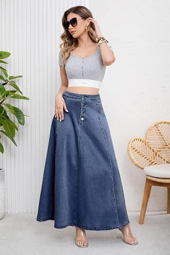 ebossy Women's Retro High Waisted Button Fly Flared Long Jean Skirts Pleated Flowy Swing A-line Denim Maxi Skirts thumbnail 3