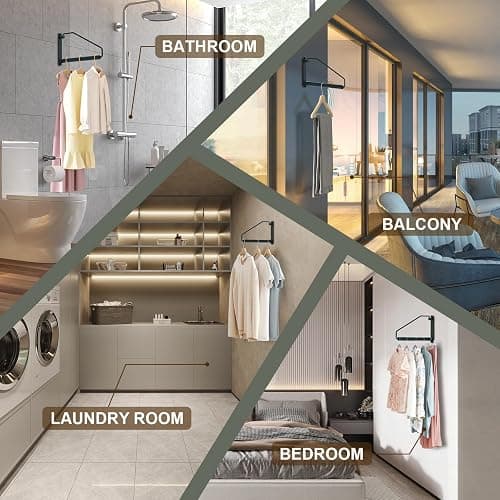 NEWRAIN Folding Clothes Hanger Rack, Wall Mounted Laundry Racks for Drying Clothes,Swing Clothing Hanging System Drying Closet Storage Organizer Black thumbnail 7