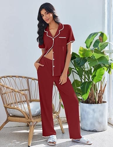 Ekouaer Pajamas for Women Set Button Up Soft Pjs Short Sleeve 2 Piece Lounge Sets Comfy Sleepwear thumbnail 5