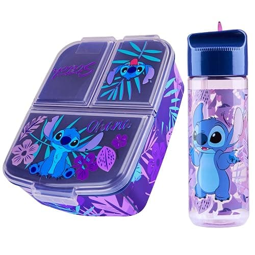 Disney Stitch Kids Lunch Box with Compartments and Water Bottle for School (Blue/Purple) - Image 1