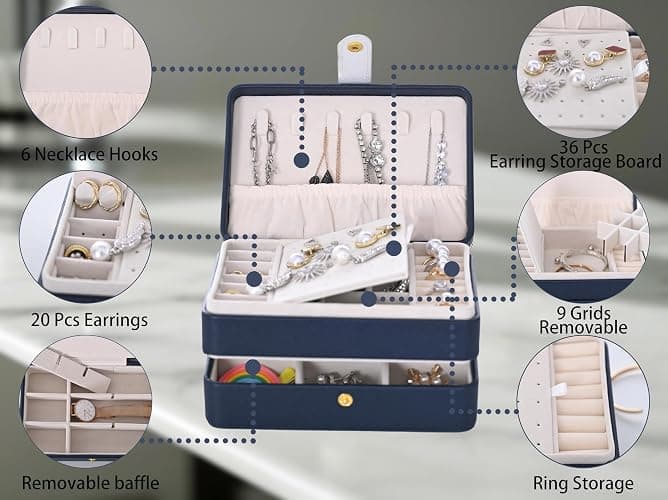 Jewelry Box,3 Layer Leather Jewellry Storage Boxes Small Travel Portable Jewelry Organiser Box for Women and Men Removable Flocking Compartment Gift for Girl Necklace Ring Earrings Bracelet (Blue) thumbnail 3