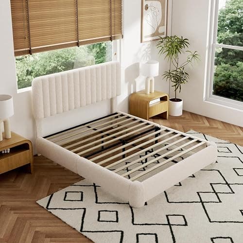viplov Queen Size Boucle Bed Frame, Adjustable Headboard, Beige | Fluffy Boucle Upholstered Platform Bed Frame, Cloud Adjustable Headboard, Rounded Corners. Squeak‑free, Fast assembly thumbnail 9