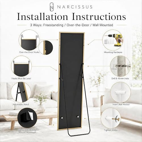 NARCISSUS Full Length Mirror 57x16 Inch, Over The Door Mirror with Stand, Wall Mounted or Freestanding/Door Hanging Full Body, Aluminum Alloy Frame, Gold thumbnail 7