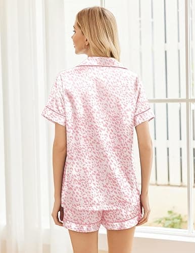Ekouaer Womens Silk Satin Pajama Sets Soft Short Sleeve Button Down Sleepwear Top and Shorts 2 Piece Pjs Lounge Set thumbnail 2