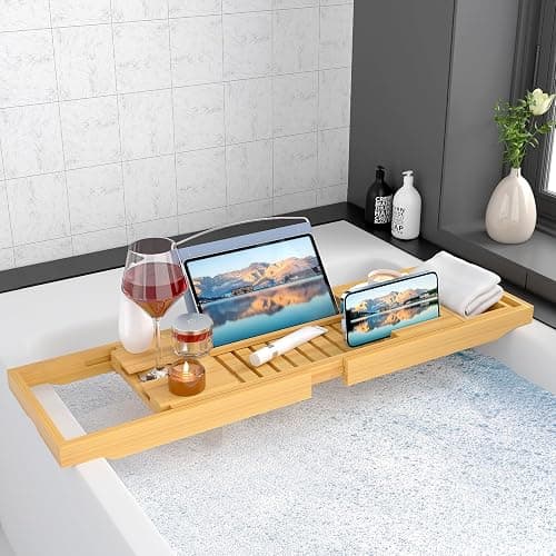 Sen Yi Bao Luxury Bamboo Bathtub Tray - Wooden Expandable Caddy with Book, Tablet, Wine Holder - Gift Idea thumbnail 2