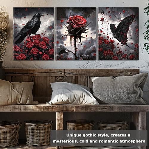 Framed Gothic Wall Art, Romantic Goth Decor, Spooky Dark Crow Flower Butterfly Aesthetic Pictures Decor for Bedroom Living Room Home(Framed, 12x16in, Set of 3, Ready to Hang) thumbnail 3