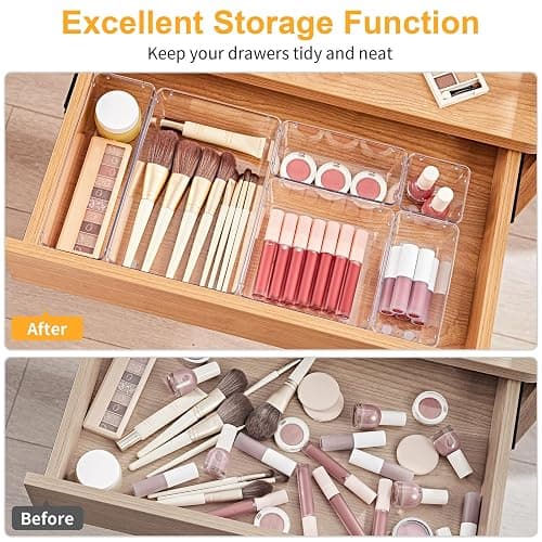 SMARTAKE 22-Piece Drawer Organizer with Non-Slip Silicone Pads, 5-Size Clear Desk Drawer Organizer Trays Storage Tray for Makeup, Jewelries, Utensils in Bedroom Dresser, Office and Kitchen, Clear thumbnail 4