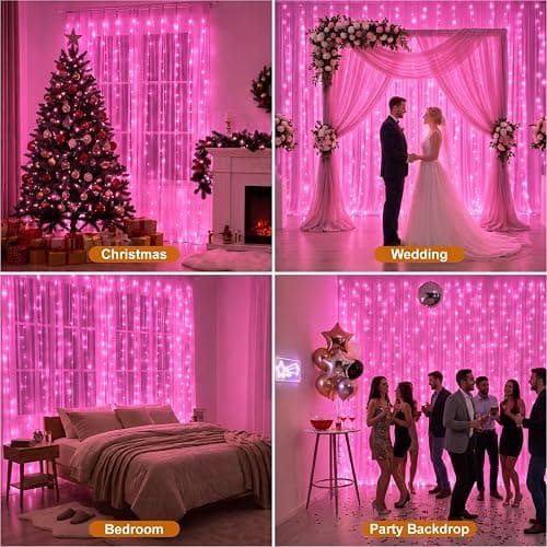 ZSJWL 300 LED Curtain Fairy Lights with Remote, 9.8 × 9.8 Ft, USB Plug in | 8 Modes, Waterproof, Twinkle Silver Wire, String Lights for Bedroom, Windows, Christmas, Wedding and Party Decor, Pink thumbnail 8