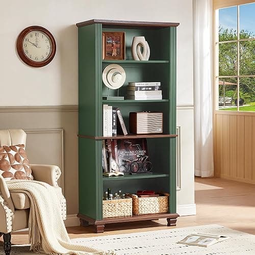 SAVOR LIFE 70" Tall Green Bookshelf,5 Tier Wooden Book Shelf with Adjustable Shelves & Wood Legs,Free Standing Farmhouse Bookcase with Open Display Storage,Vintage Bookshelves for Library,Classroom thumbnail 5