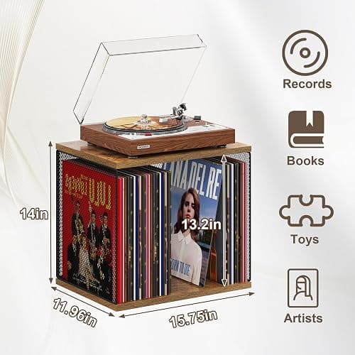 1 Cube Vinyl Record Storage Furniture Wooden Record Holder Shelf Storage | Modular Stackable, 55-70 Vinyl Album Visualize Record Storage Box for Portable Record Player thumbnail 7