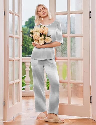 Ekouaer 2 Pack Womens Pajama Sets Short Sleeve Tops and Long Pants Casual Comfy Pjs Lounge Set with Pockets,S-XXL thumbnail 3
