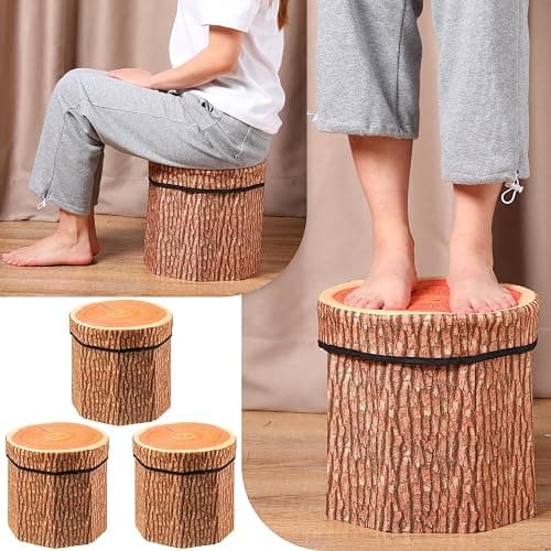 Amylove 3 Pack Tree Stump Storage Stool 12 x 12 Inch Stool Ottoman, Cute Folding Storage Toy Box with Foam Cushion, Collapsible Seat Chest (Classic) thumbnail 5
