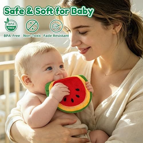 MORECOLL Fruit & Veggie Baby Sensory Plush Set, Baby Toys 6-12 Months, Garden Plush Toys with Rattle, Crinkle, Squeak, Mirror, Pull, Match & Plant Play, Montessori Baby Gift for Boys Girl Infant thumbnail 6