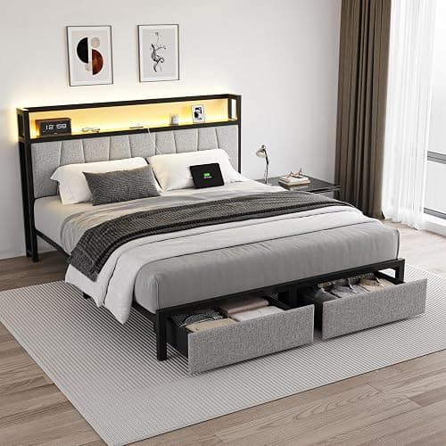 CIKUNASI Full Size Bed Frame with Headboard and Storage Drawers Platform Bed Frame with Storage Chargin Station LED Light Bedframe Heavy Duty No Box Spring Needed thumbnail 7