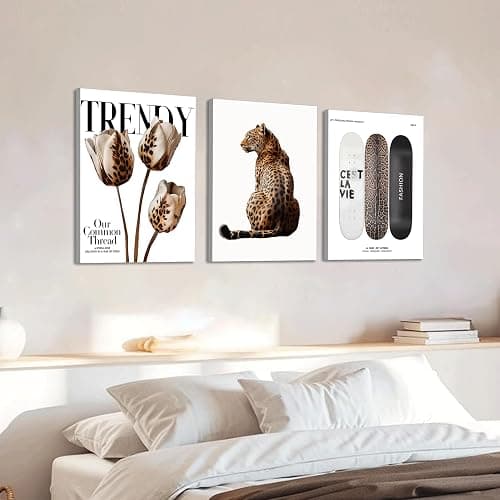 3Pcs Framed Trendy Leopard Print Canvas Wall Art Picture Stylish Female Aesthetic Poster Cheetah Printed Preppy Fashion Skateboard Wall Decor for Bedroom Apartment Dorm Living Room 12x16in thumbnail 6