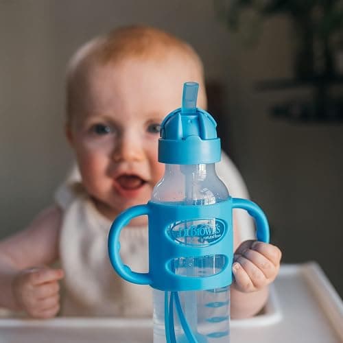 Dr. Brown's Milestones Narrow Sippy Straw Bottle, Spill-Proof with 100% Silicone Handles and Weighted Straw, 8 oz/250 mL, Gray & Blue, 6m+ thumbnail 5
