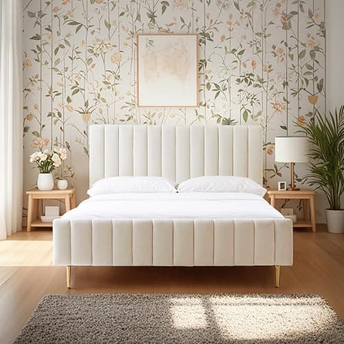 Livinia Queen Size Elton Velvet Platform Bed, Upholstered Bed Frame with Vertical Channel Tufted Headboard Footboard, Strong Wood Slats, No Box Spring Needed, Ivory (Queen) - Image 1