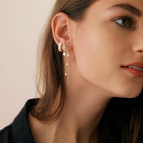NECOCY Christmas Gift 14K Gold Plated Chain Earrings for Women 3/4 Pairs Dangle Dainty Stack Hoop Earrings Set Trendy Cubic Zirconia Stud Earrings for Women Jewelry thumbnail 8