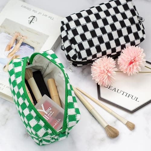 PAZIMIIK Checkered Makeup Bag for Purse Portable Zipper Make Up Pouch Small Cosmetic Case for Travel Accessories (Green) thumbnail 2