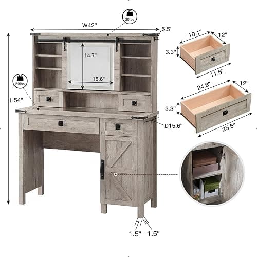 T4TREAM Farmhouse Makeup Vanity Desk with Sliding Mirror and Lights, 42'' Glass Tabletop Vanity Table with 2 Drawers & Shelves, Rustic Big Vanity Set for Bedroom, Light Rustic Oak thumbnail 2