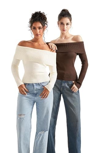 SUUKSESS Women Off Shoulder Sweaters Long Sleeve Ribbed Knit Going Out Fall Tops Blouse thumbnail 6