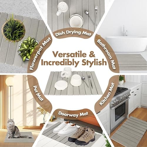 Large Stone Dish Drying Mat for Kitchen Counter, Eco-friendly, Instant Drying Pad,Diatomaceous Earth Water Absorbing Mat, Foldable and Super Absorbent Dish Drying Stone Mat, 24"×16", Warm Gray thumbnail 7