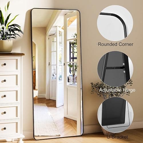 ZENOMIRRIS Black 21 x 56 Full Length Mirror Rounded Corner for Home Decor | Nano Floor Mirror with Stand Rect Full Body Mirror Aluminum Alloy Frame Standing Leaning or Hanging for Bedroom Checkroom thumbnail 4