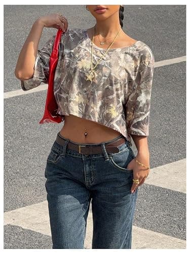 SOLY HUX Women's Y2k Camo T Shirt Off The Shoulder Half Sleeve Y2k Crop Tops Streetwear Summer T Shirt thumbnail 4