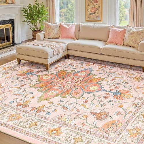 RELEANY Washable Area Rug, 8'x10', Pink/Light Pink/Colorful | Non-Slip, Water Repellent, Pet Friendly, Easy to Clean, Vintage Floral Boho Decor for Living Room Bedroom Dining Room thumbnail 2