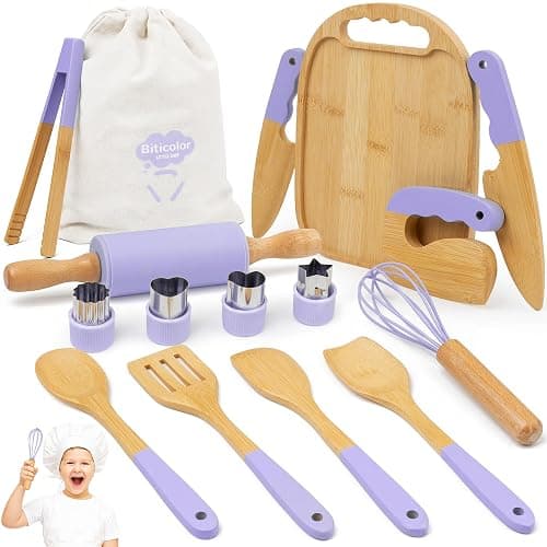 Wooden Kids Cooking Set Montessori Kit - Real Toddler Kitchen Tools & Baking Utensils - 30PCS Cooking Kit for Kids with Storage Bag, Great Gift for Pretend Play & Montessori Learning (Purple) - Image 1