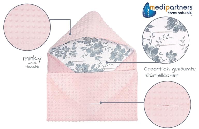 Medi Partners Einschlagdecke Baby Babyschale 100% Baumwolle für Sommer 85x85cm Kinderwagen Kuscheldecke universal Baby Decke Einschlagdecken Babydecke Buggy Autositz (Berry mit rosa Minky) - Berry mit Rosa Minky - 85x85cm thumbnail 4